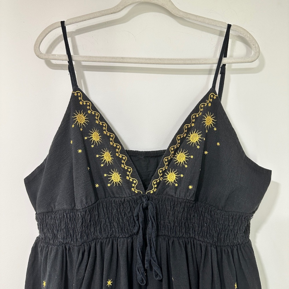 Celestial Sun Embroidered Maxi Dress Womens 4XL Black Cotton Tiered Boho